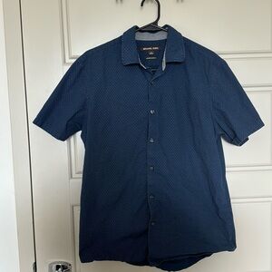 Navy Blue White Dotted Michael Kors Short Sleeve Button Down Medium Classic Fit